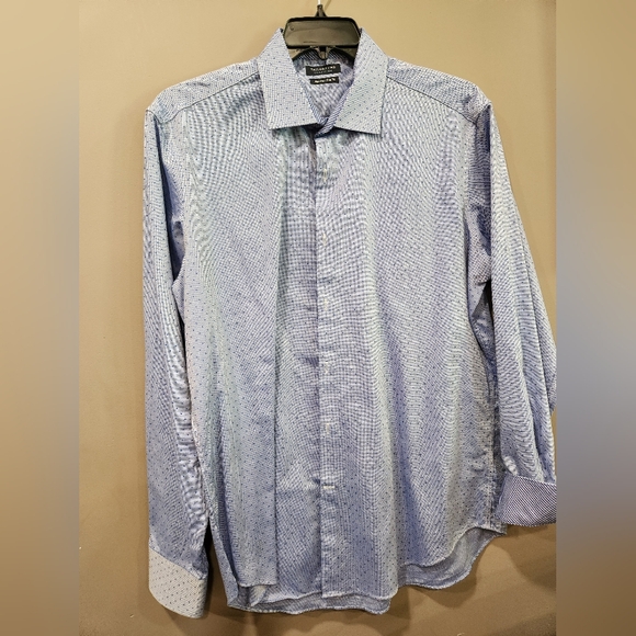 Tailorbyrd Dress Shirt 17 36/37 Trim Fit Blue Print Cotton Flip Cuff Non Iron - Picture 1 of 7